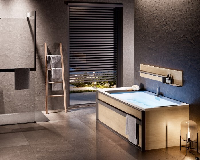 Ambiente bagno con vasca da bagno Novellini Divina con frame nero